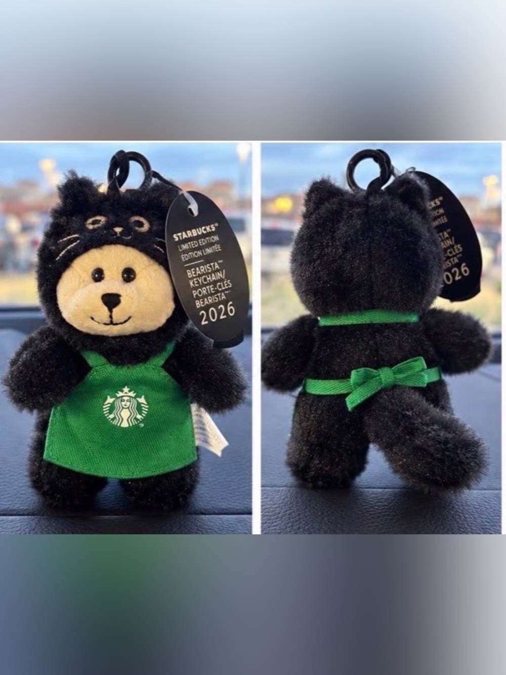 Starbucks Black Bearista Plush Keychain bag charm with Green Apron